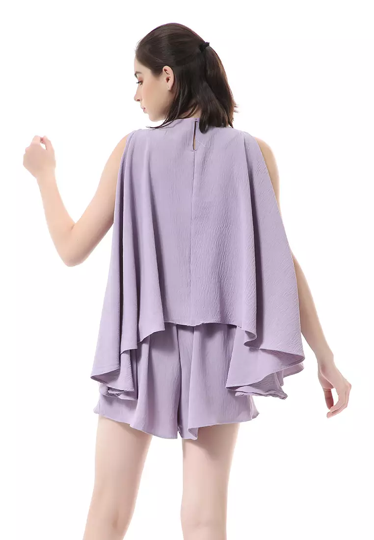 Nayra One Set Setelan Wanita Sleeveless Blouse with Short Pants Plain Motive Material Crepe Crinkle ORIGINAL - Lilac