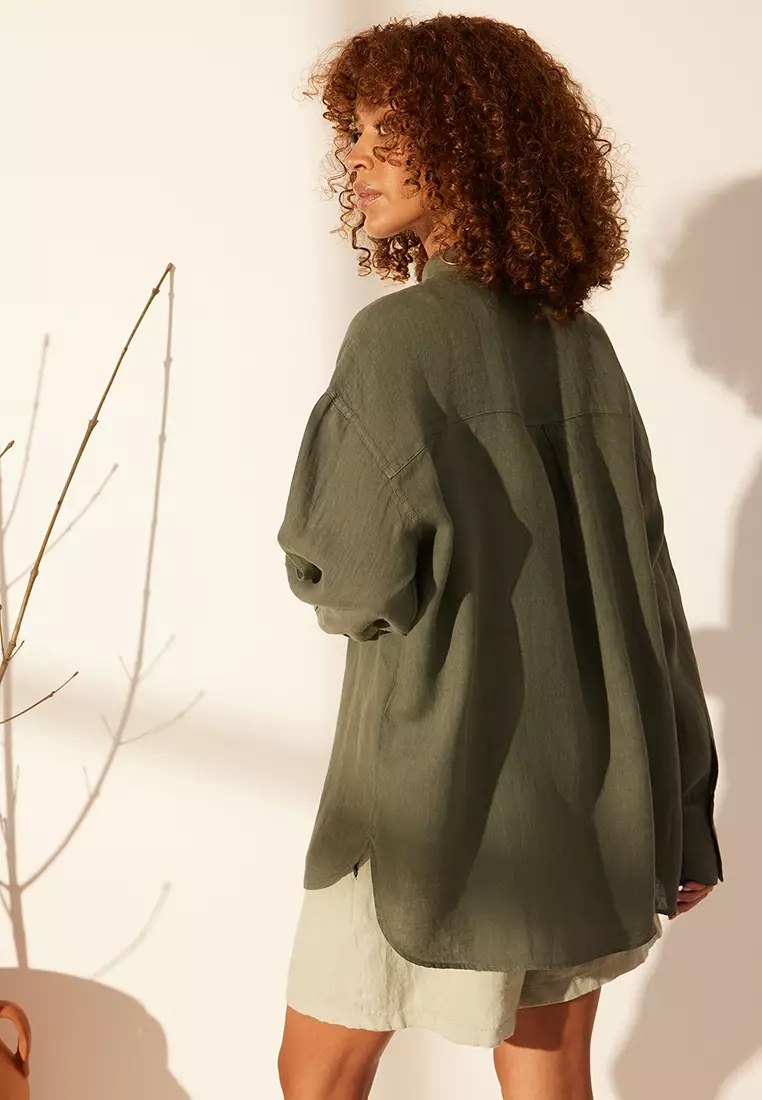 Green 1% Linen Pocket Detailed Oversized Shirt Twoss26Go39