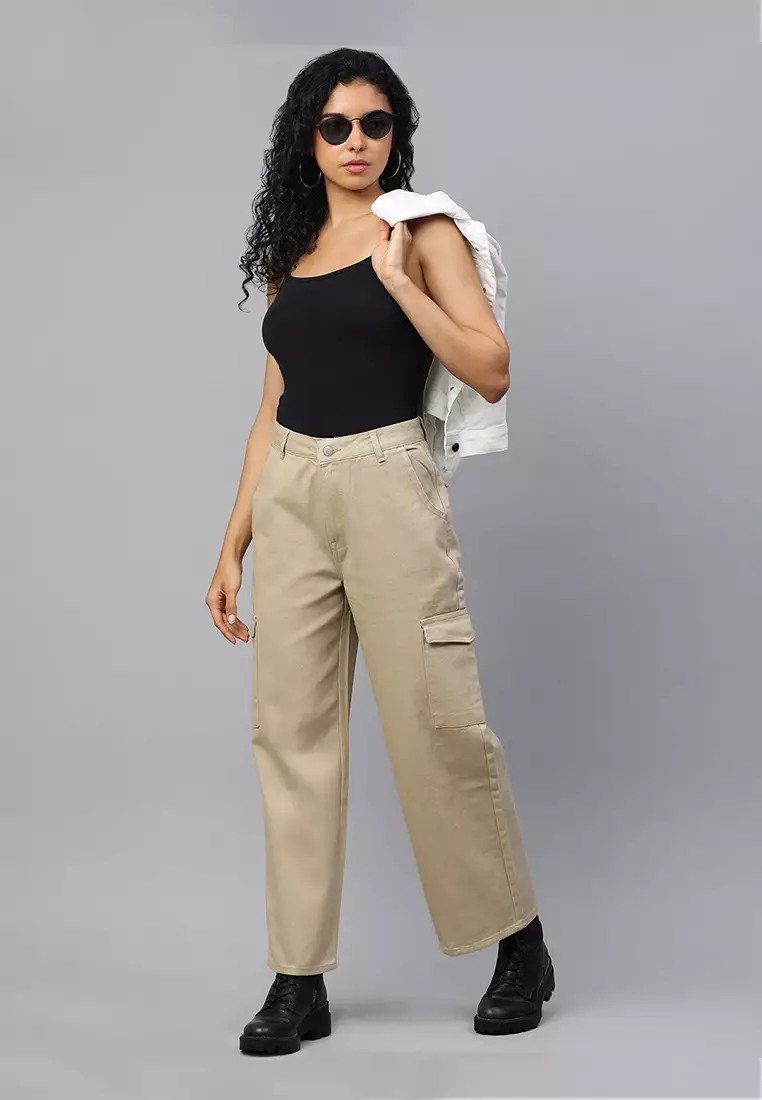 Khaki High Waist Cargo Pants