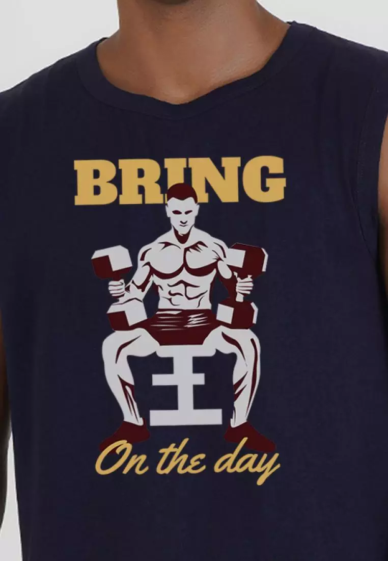 Bring On The Day 海军蓝色棉质无袖健身/训练背心