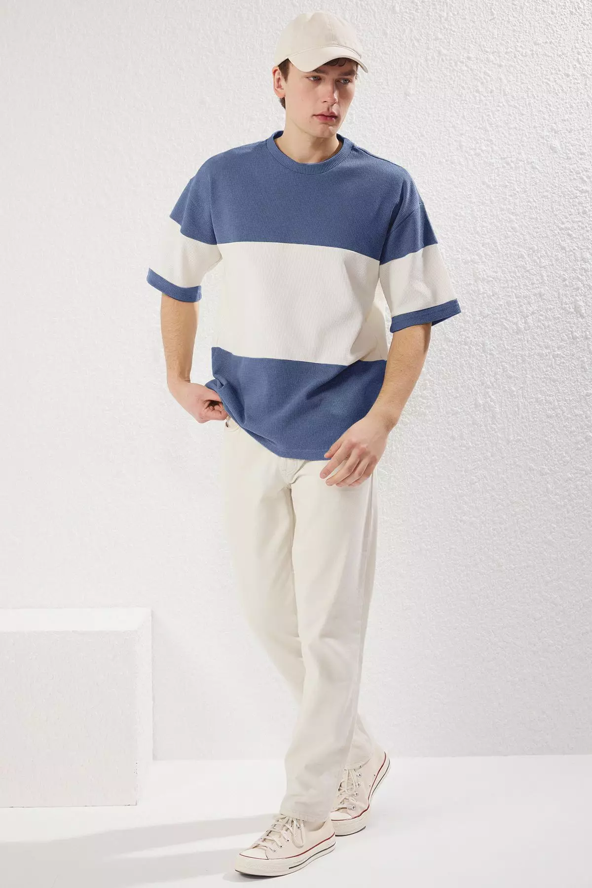 Indigo Oversize/Wide Cut Color Block Textured T-Shirt TMNSS25TS00065