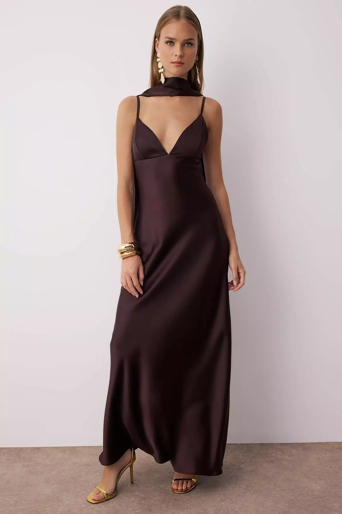 Brown Shawl Detailed Satin Woven Maxi Evening Night Graduation Dress