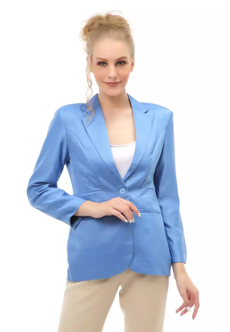 Qemsya Outer Blazer Kasual Formal Wanita Lengan Panjang Material Wool Twist ORIGINAL - Soft Blue