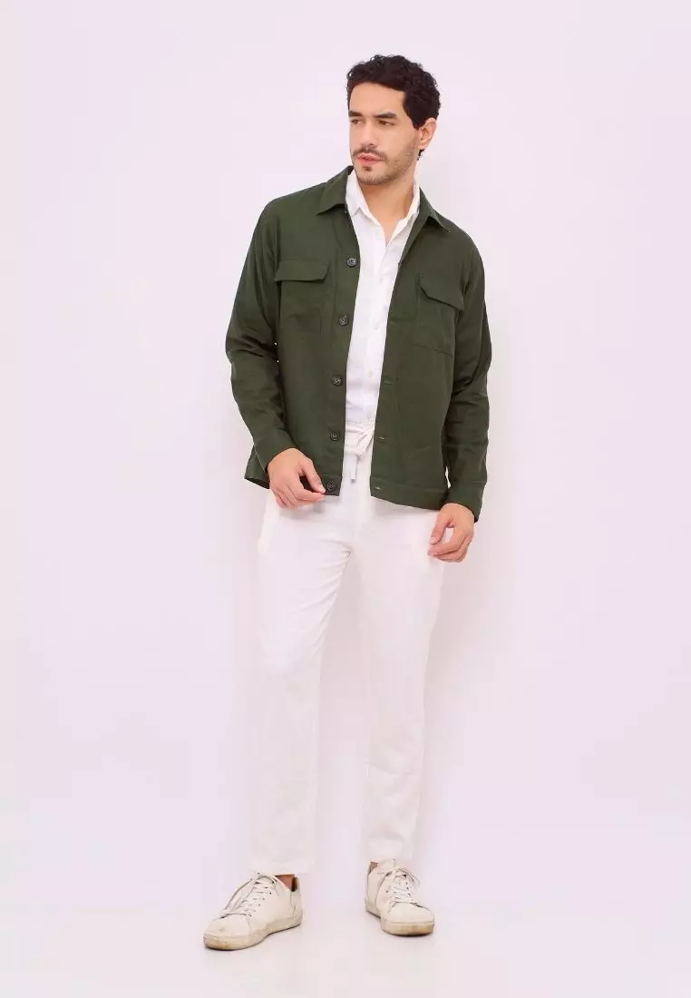 Elbrus Jaket Kemeja Outer Pria Linen Warna Hijau Army | Linen Shirt Jacket Men Army Green