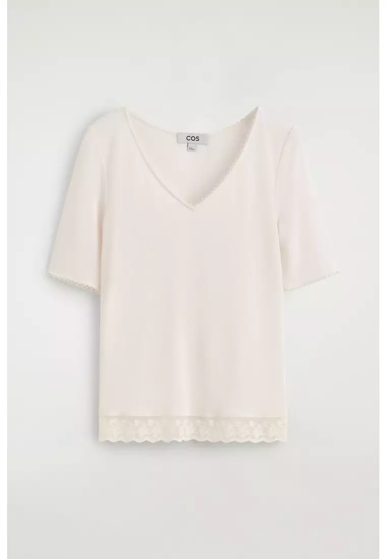 LACE-TRIMMED RIBBED V-NECK T-SHIRT