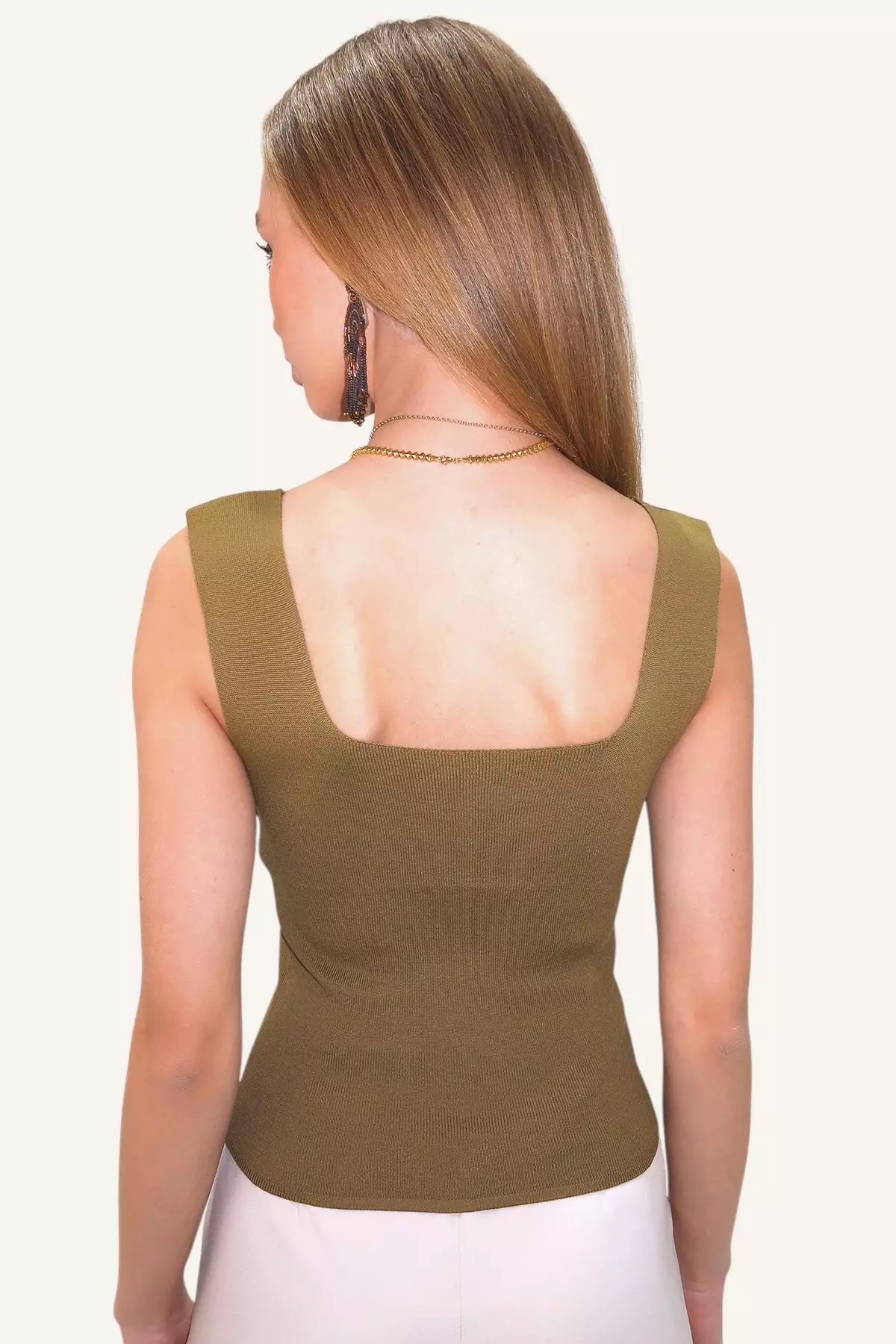 Women's Khaki Square Neck Slim Mercerized Blouse