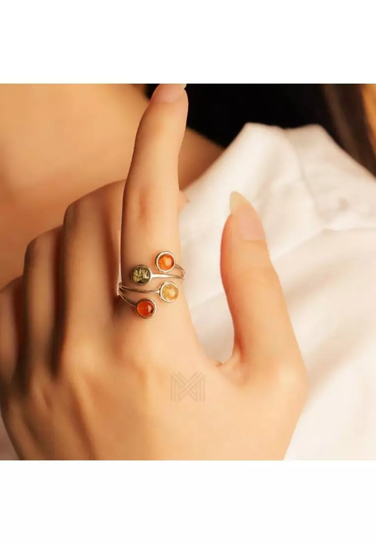 Multifaceted Baltic Amber Four Stone Statement Silver Ring with 925 Sterling Silver