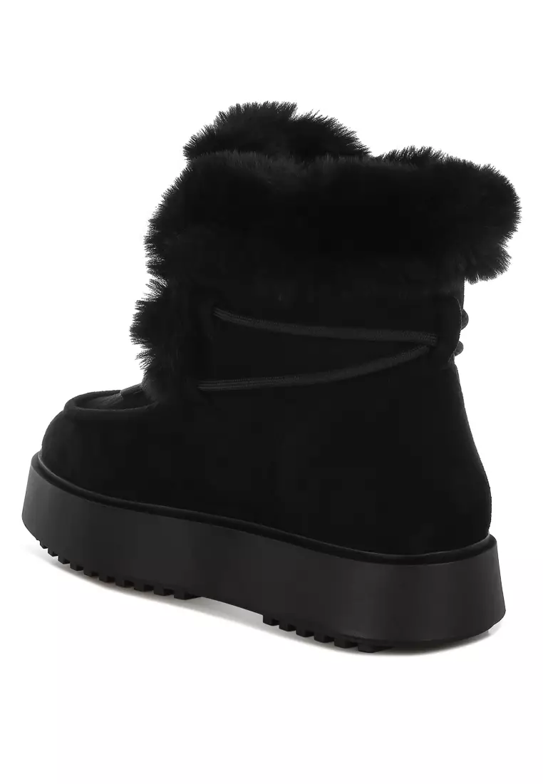 Faux Fur Collar Flatform Boots in Black