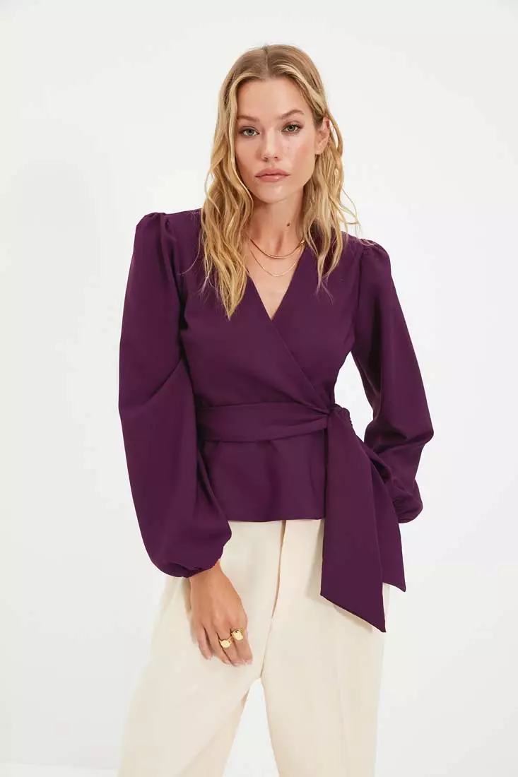 Puffed Sleeves Belted Wrap Blouse