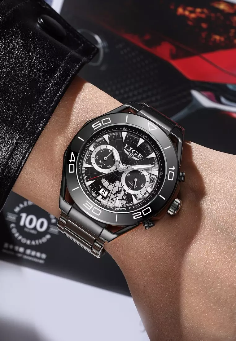Chronograph Unisex IP Black Stainless Steel Quartz Watch, 48mm, stainless steel bracelet