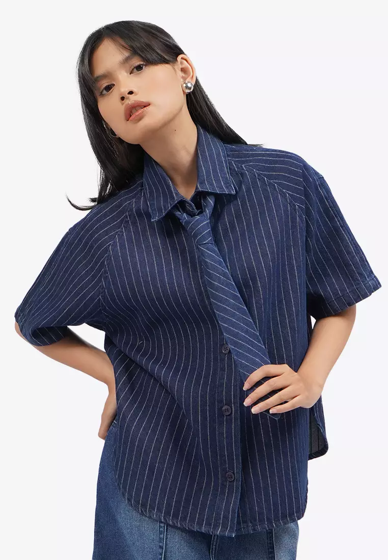 Oversized Denim Shirt with Tie Details