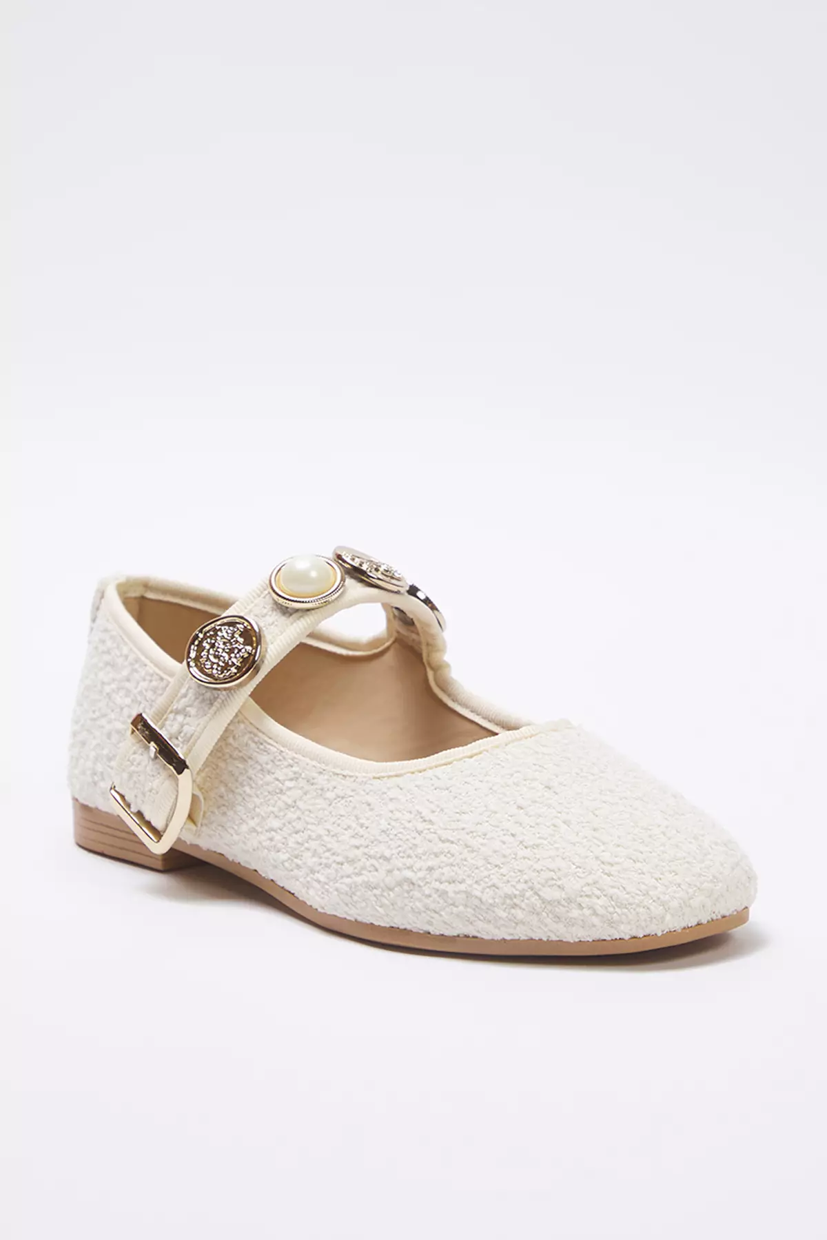 Beige Buckle Accessory Detailed Round Toe Tweed Mary Jane Women's Flat Shoes Takss25Be00011