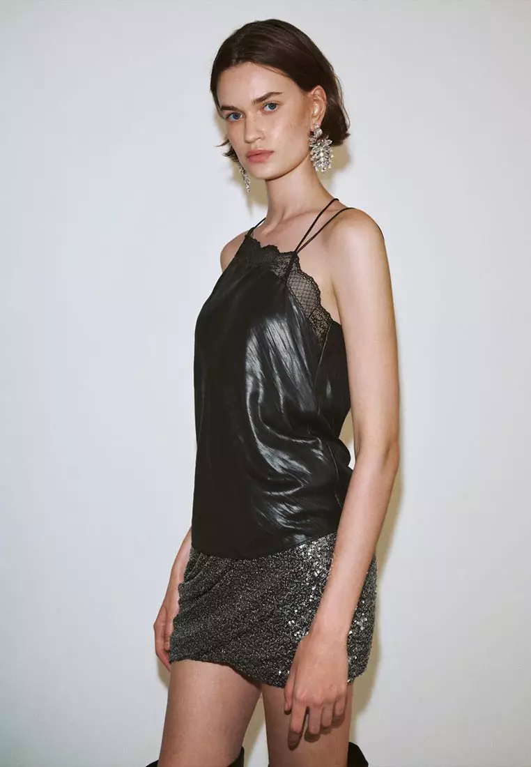 Asymmetrical Strap Satin Cami Top with Lace Trim