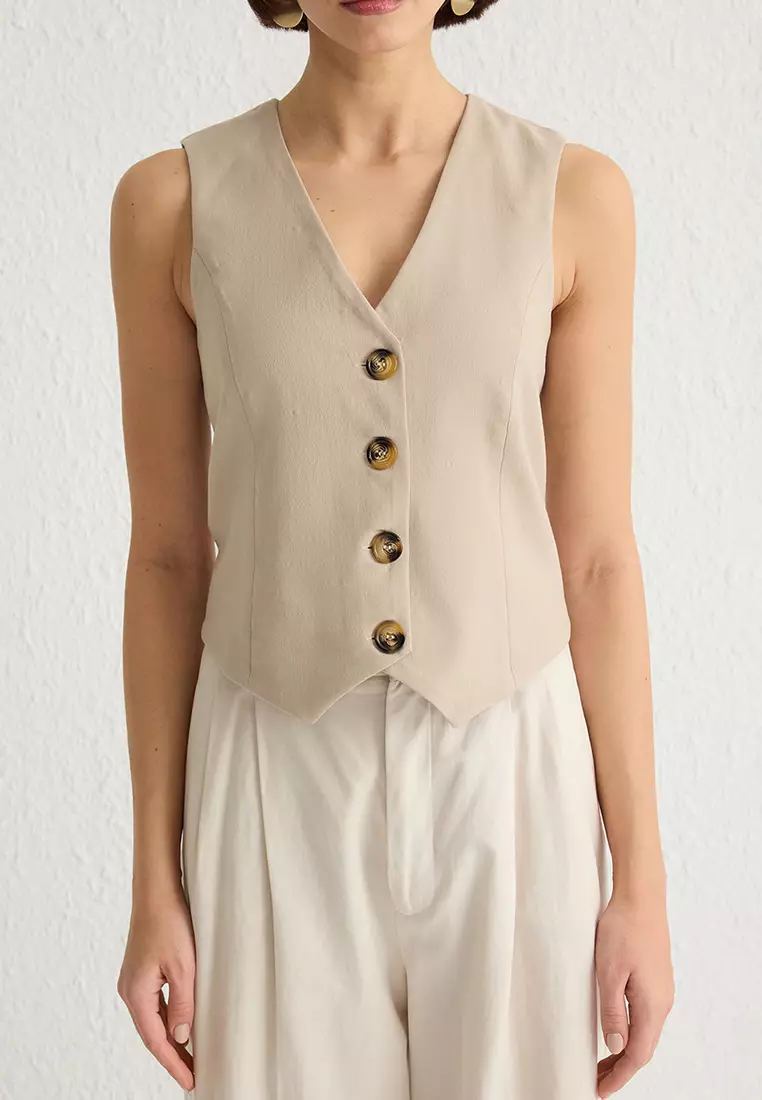 Beige Fitted Buttoned Crop Woven Vest
