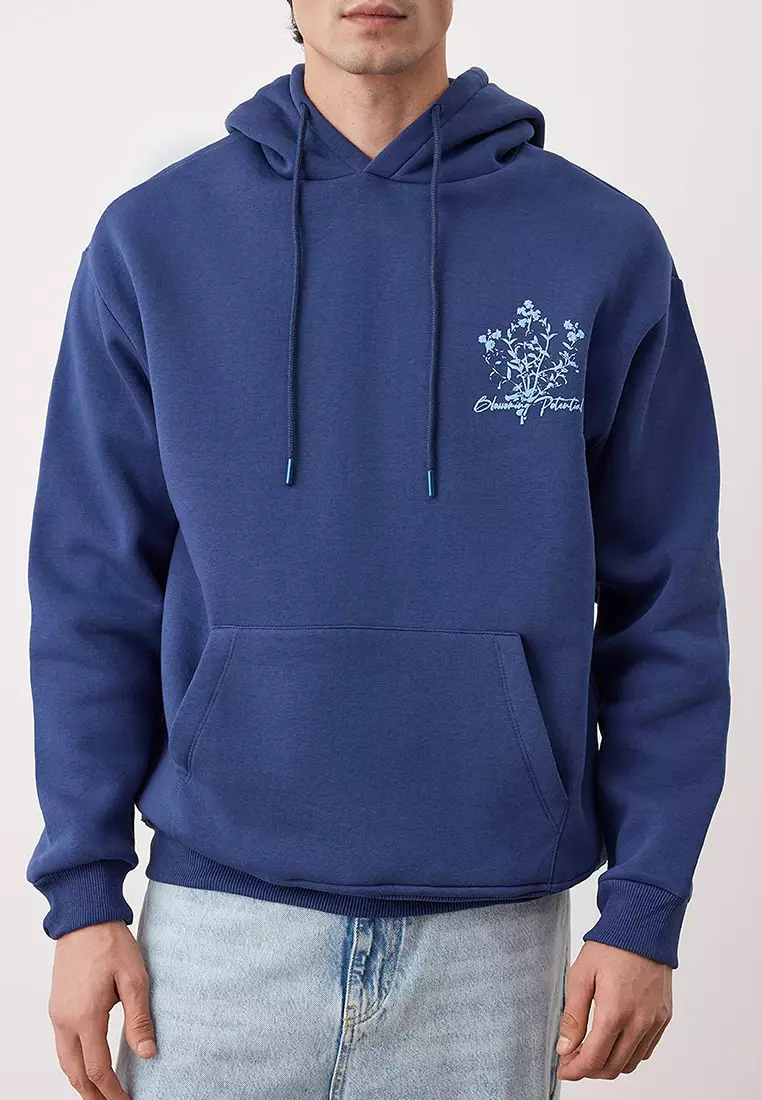 Navy Blue Oversize/Wide Cut Hooded Printed Fleece Inside/Warm Sweatshirt Tmnaw24Sw00100
