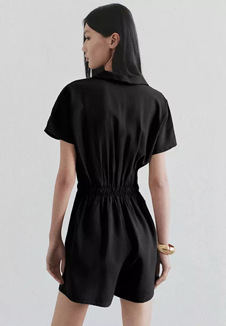 Limited Edition Black Elastic Waist Zipper Detail Modal Mini Woven Overalls TWOSS25TU00026