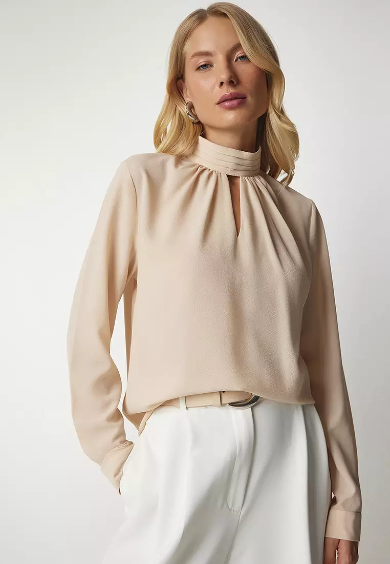 Buy Happiness Istanbul High Neck Blouse in Beige 2024 Online
