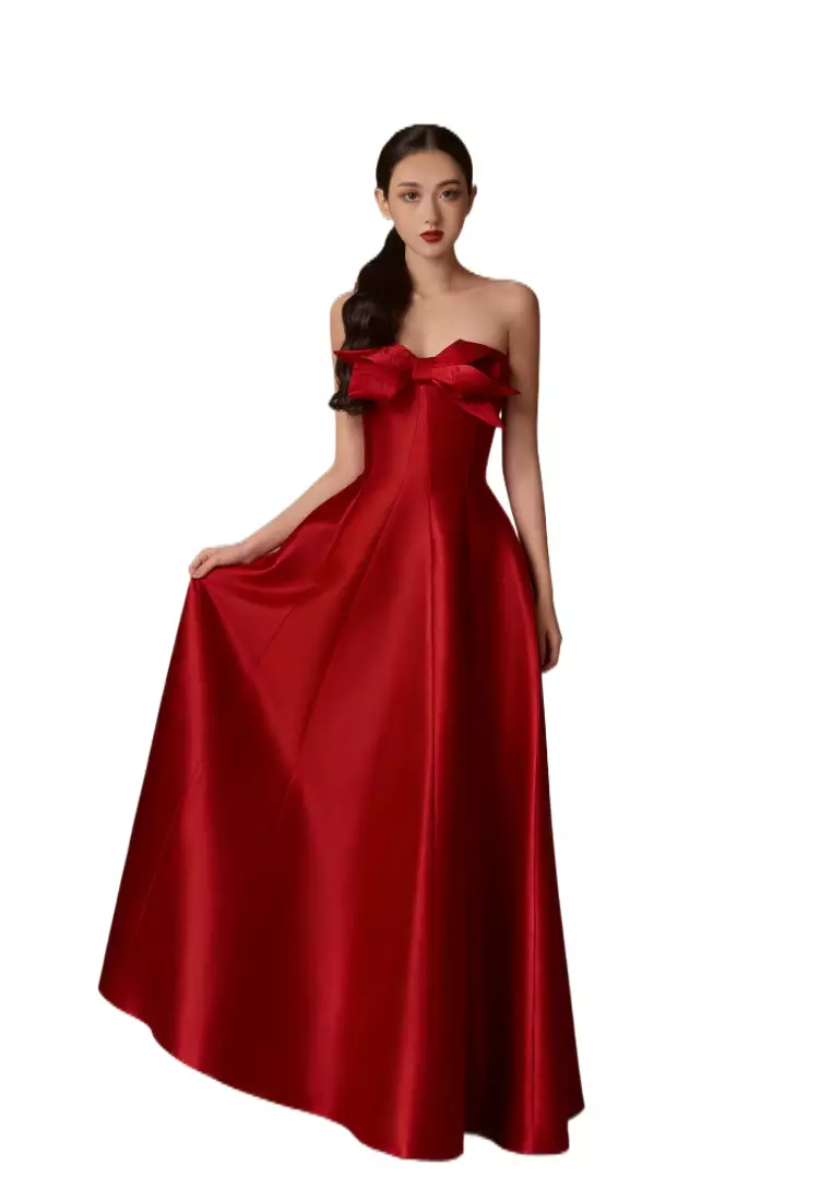 立體蝴蝶結抹胸晚禮服中長裙 CA26022425RD