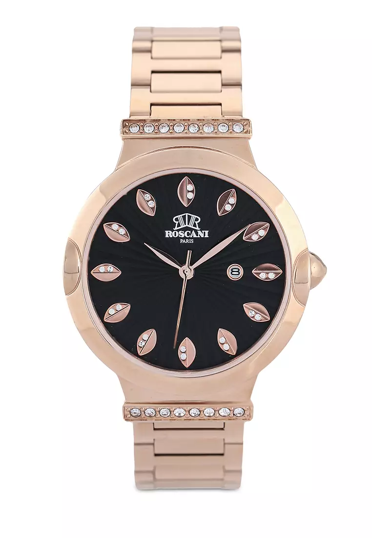 Slyvie E39 leaf Indices Rose Gold Black Bracelet Women Watch