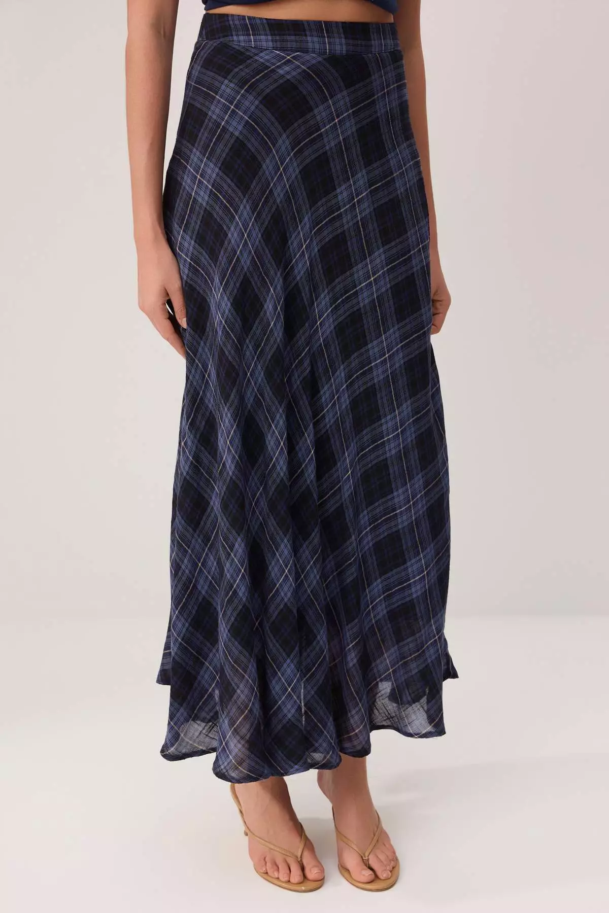 Blue Plaid 1% Cotton Lined Long Maxi Skirt Twoss26Et187