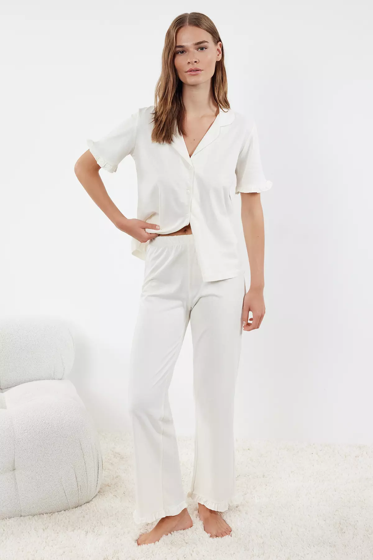 White 100% Cotton Ruffle Detailed Knitted Pajama Set THMSS24PT00223