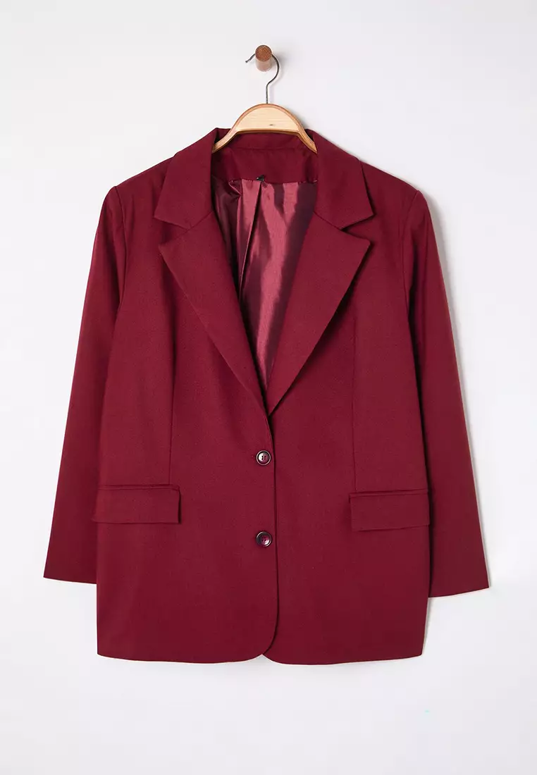 Burgundy Lined Oversize/Wide Cut Blazer Woven Plus Size Fabric Jacket Tbbaw25Ag00019