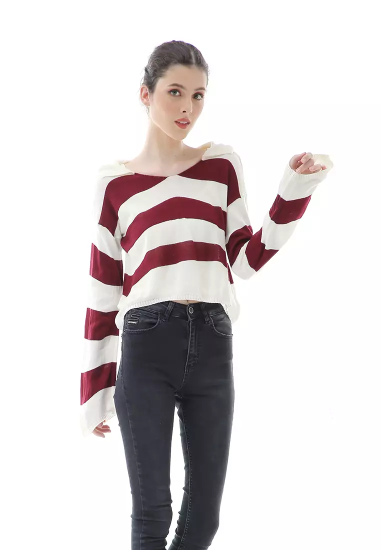 Vilia Rajut Crop Atasan Wanita Oversize Motif Stripe Garis Relaxed Fit - Maroon