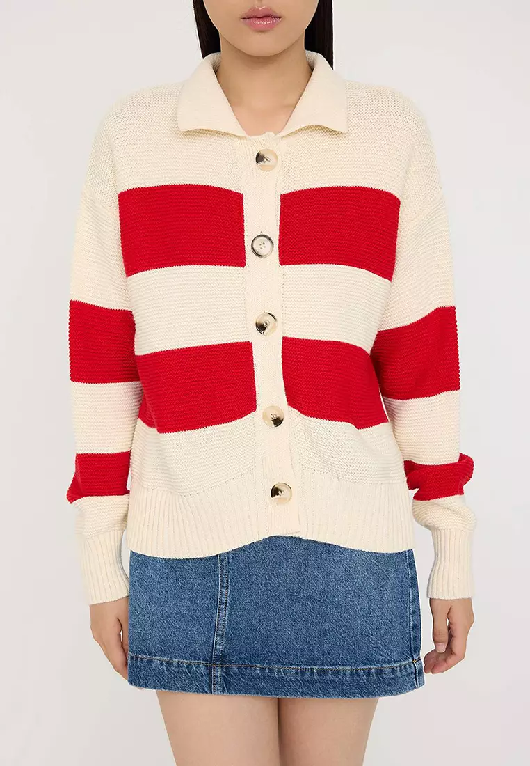 Teen Stone Striped Polo Neck Knit Cardigan Twoaw26Hi00202