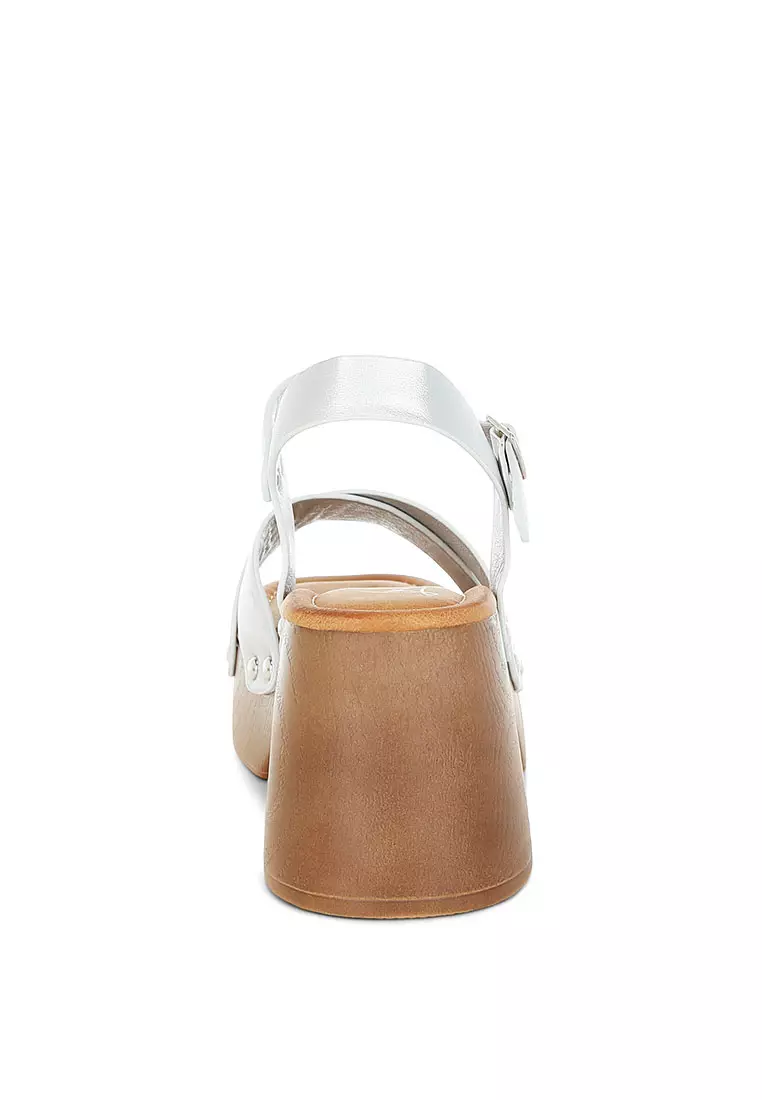 Metallic Faux Leather Clog Sandals in Silver