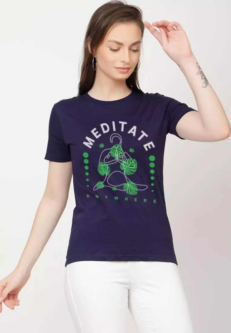 Meditate Anywhere Relaxed Short Sleeve Stylish Navy Blue Cotton Casual Graphic Print Tee/TShirt