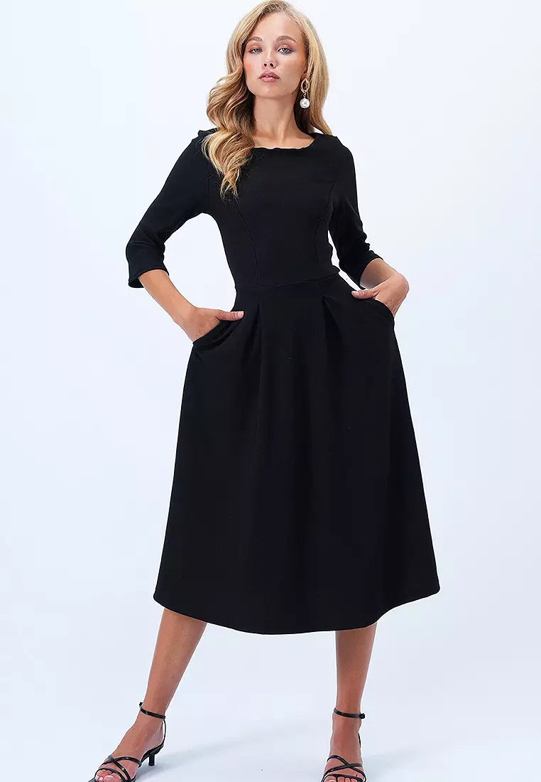 Boat Neck Flared Midi Dress