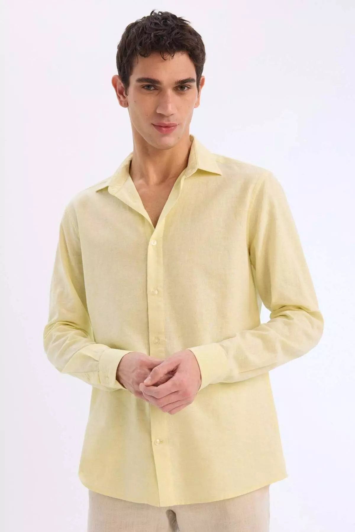 Regular Fit Polo Collar Linen Blended Summer Long Sleeve Shirt E0555Ax25Sm