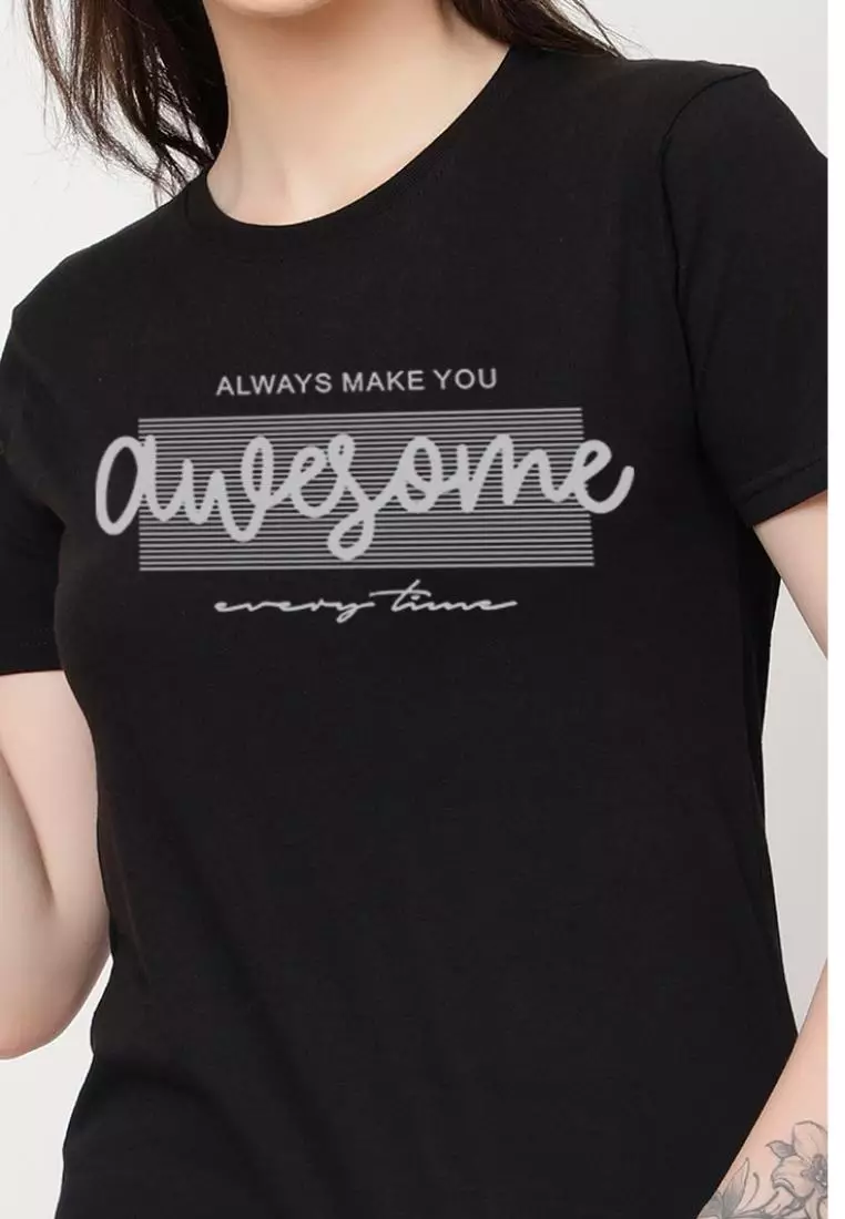 Always Awesome Relaxed Short Sleeve Stylish Black Cotton Casual Graphic Print Tee/TShirt