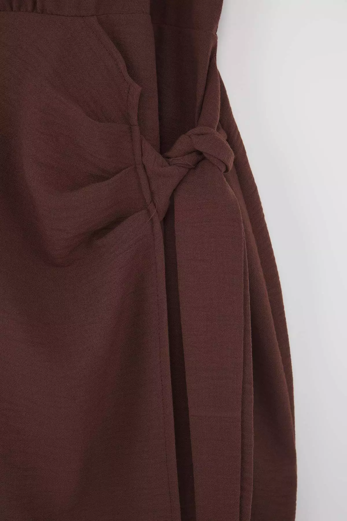 Brown Flannel Midi Woven Plus Size Dress With Slit And Tie Detail