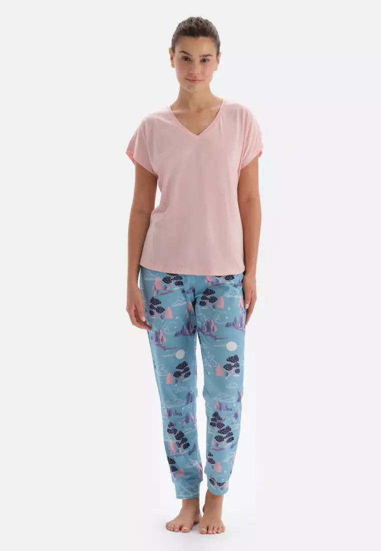 Light Pink Knitwear Top Basic T-Shirt, V-Neck, Regular Fit, Short Sleeve Sleepwear for Women