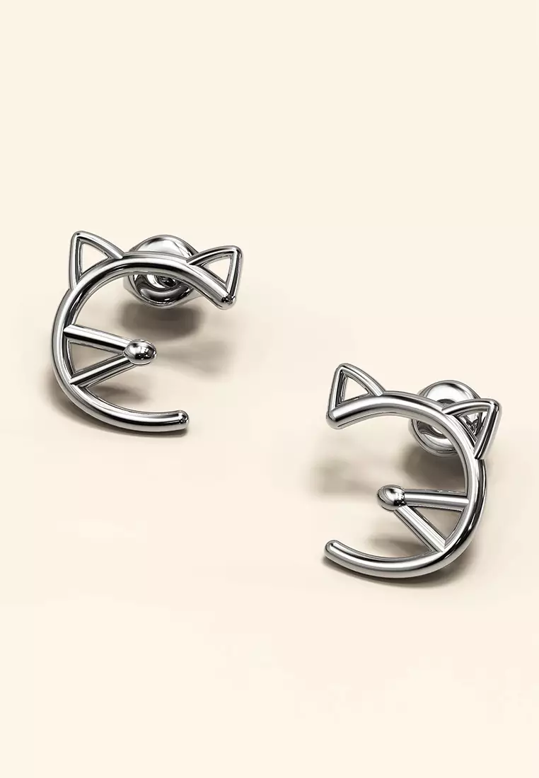 Feline Cute Cat White Gold Layered Earrings