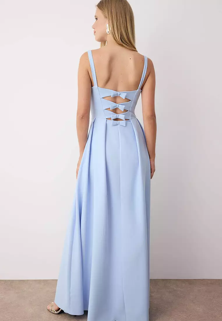 Light Blue A Line Back Bow Detail Long Stylish Evening Dress