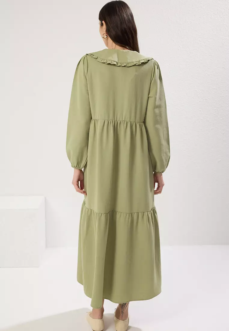 Green Embroidered Detailed Linen Look Woven Dress TCTSS23EB00257