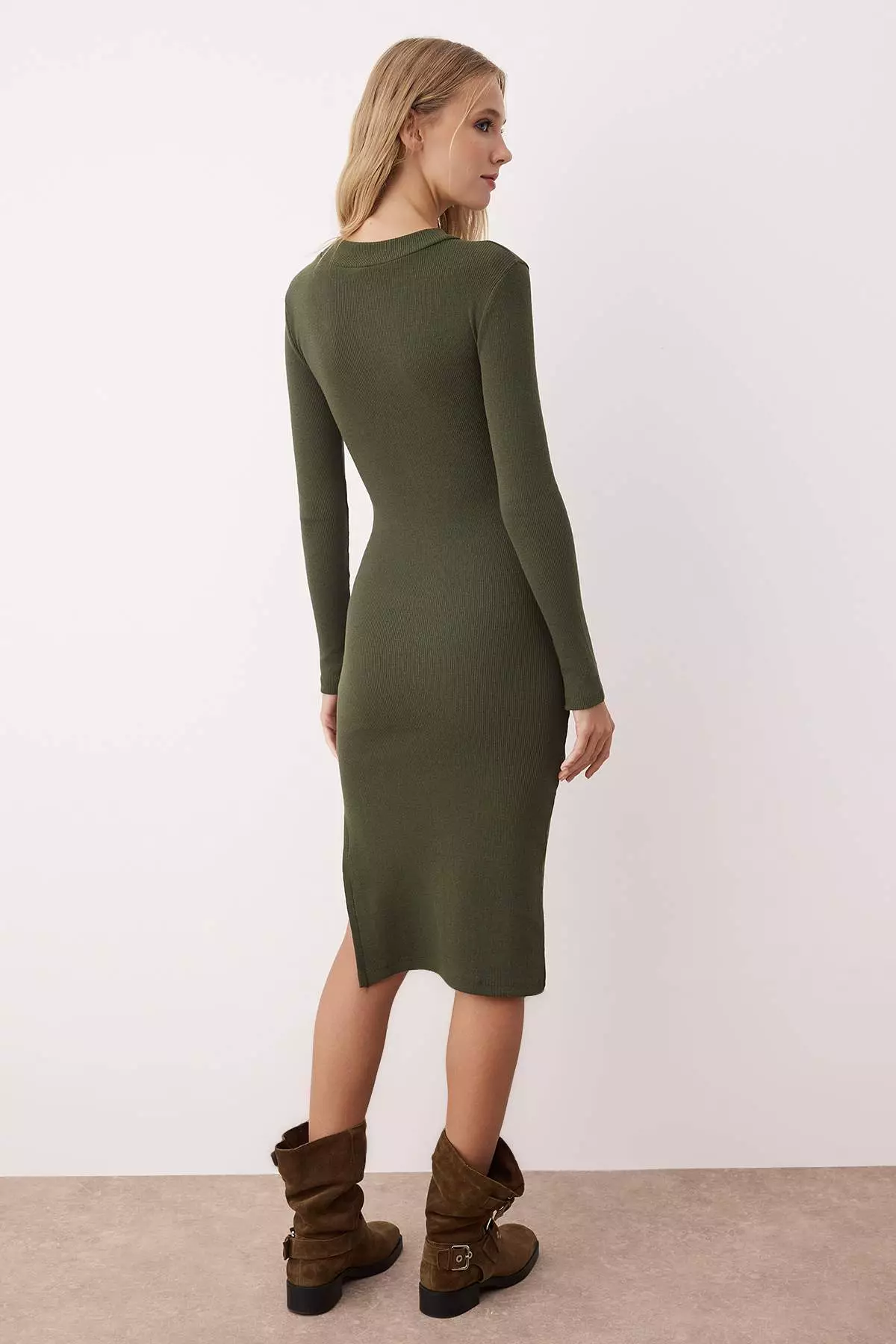 Khaki Body-Styling Slit Crew Neck Midi Ribbed Flexible Knit Pencil Dress Twoaw21El0135