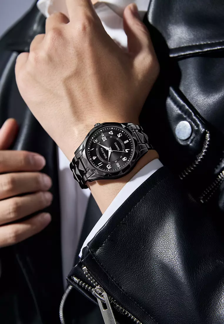 Jam Tangan Pria 3268-2 Bercahaya Kalender Kasual Jam Tangan Cowok Kuarsa Original allblack