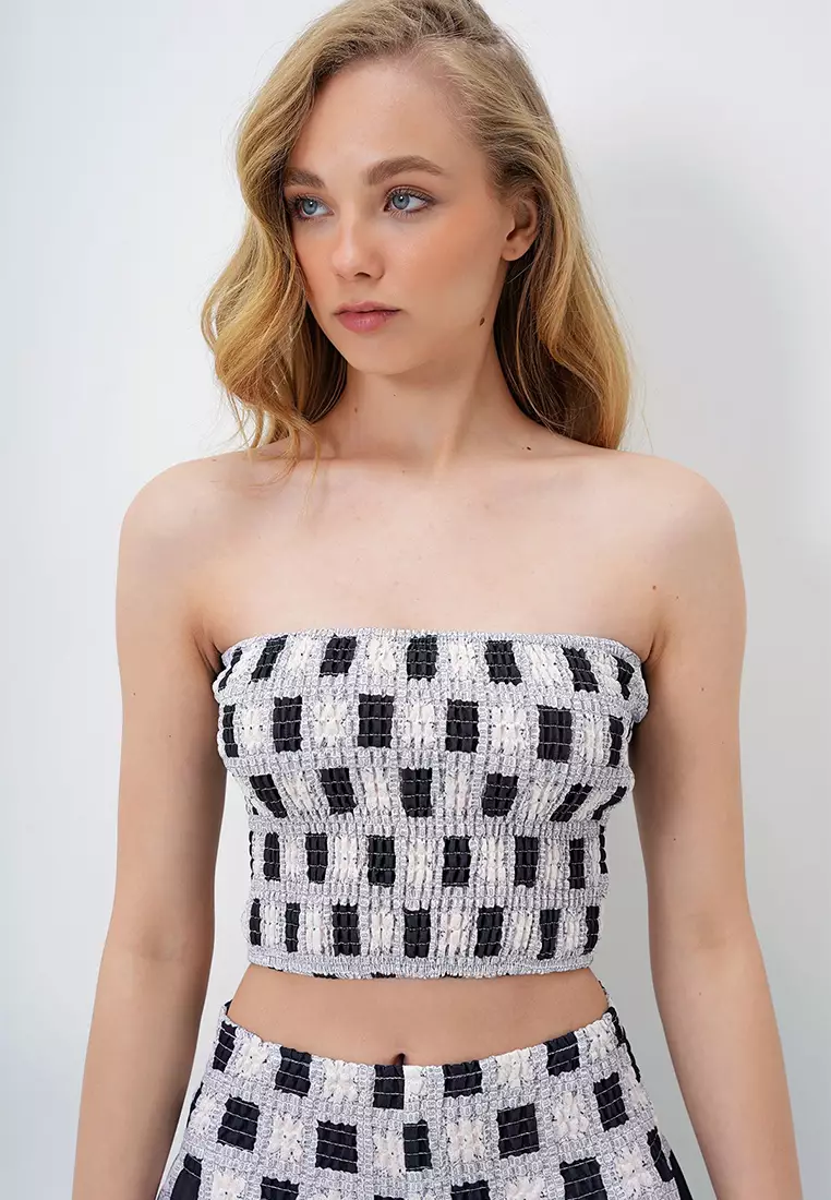 Women's Black Waist Gimped Wide Leg Pants And Gimped Crop Bustier Suit Alc-X14058