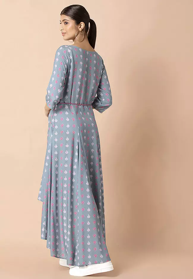 Powder Blue Boota Flared High Low Tunic Dress With Dori Belt