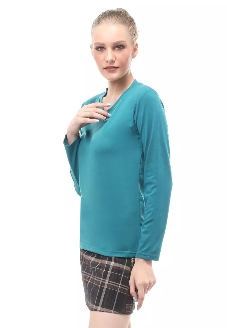 Kaos Polos Atasan Wanita V-Neck Lengan Panjang Design Simple Relaxed Fit - Tosca Tua