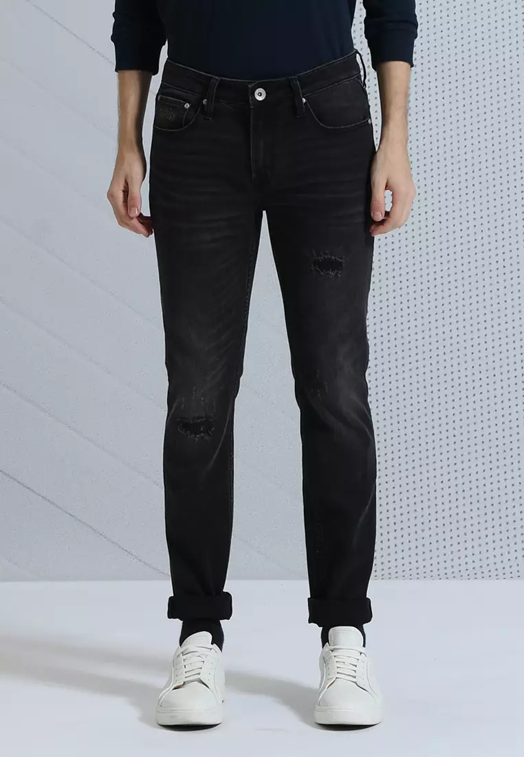 男士彈性優質黑色修身錐形牛仔褲