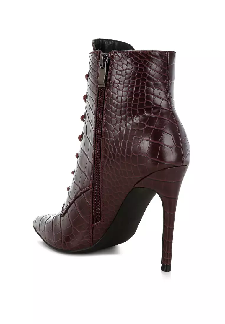 Croc Lace-Up Stiletto Boot in Burgundy