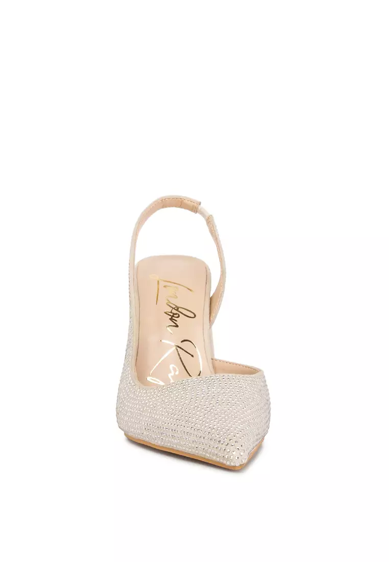 Sandal Tumit Suede Berlian Imitasi Krem