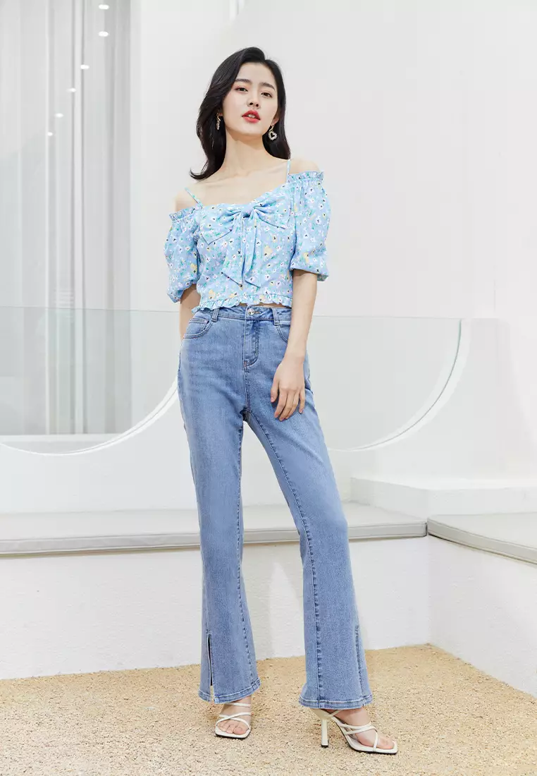 Off Shoulder Blouse with Front Ribbon Tie