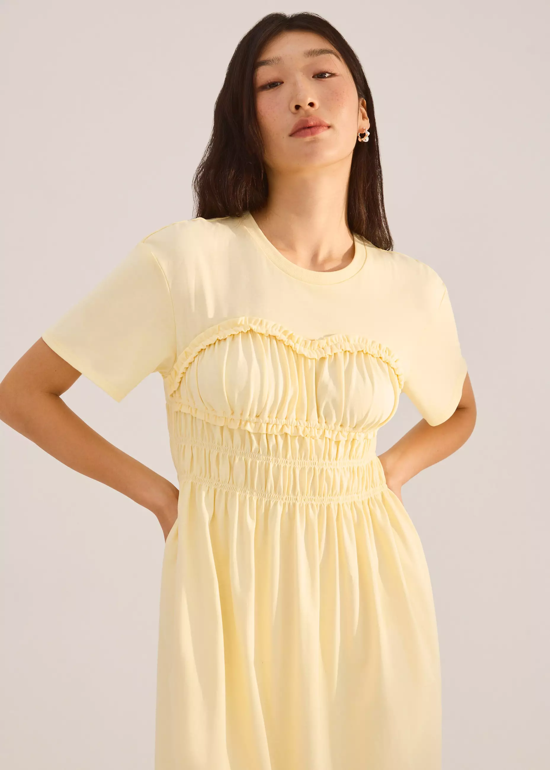 Dress Wanita - Jersey Ruched Bodice Round Neck Midi Dress