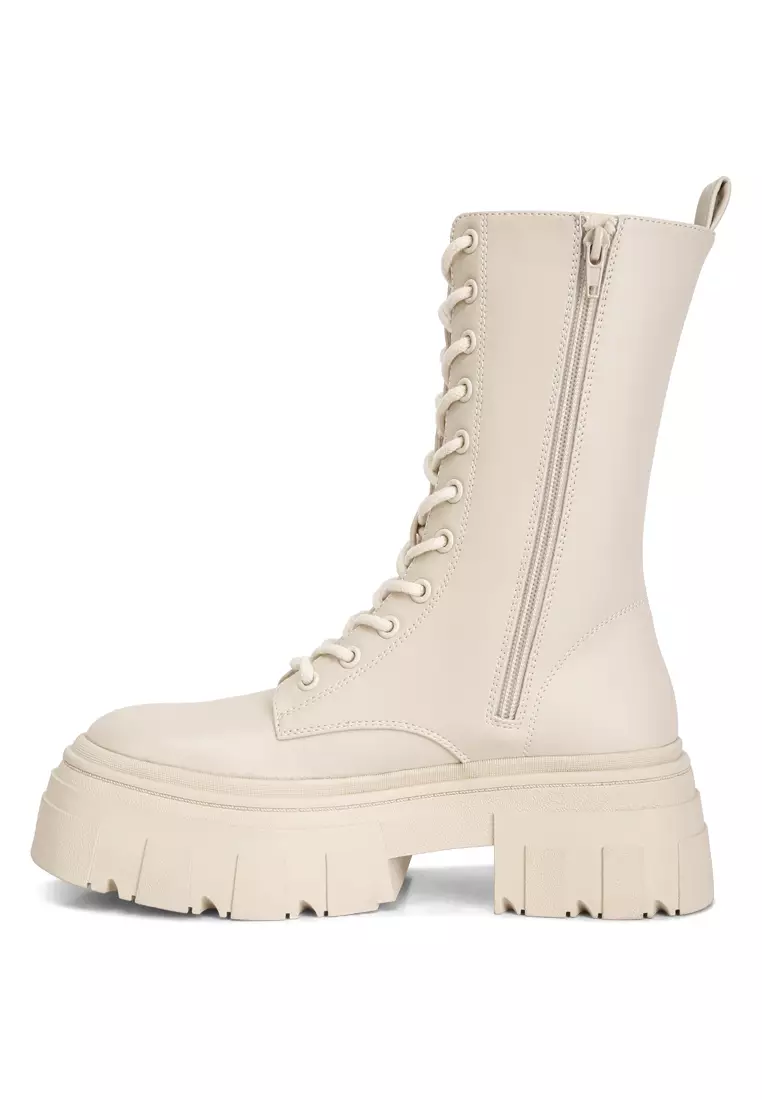 Ecru Faux Leather Combat Chunky Boots