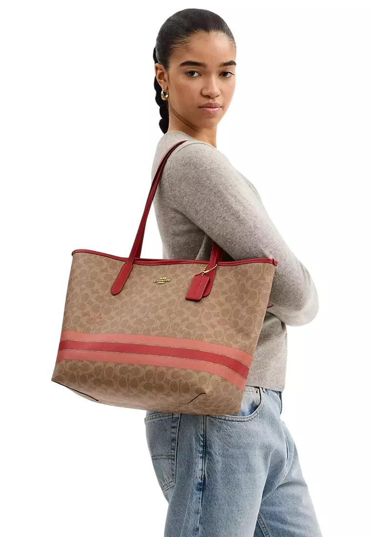City Tote Bag In Signature Canvas With Stripe - Tan Multi
